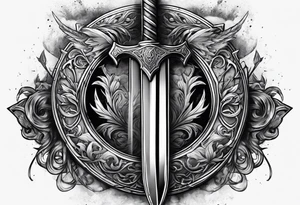 Valhalla sword shield axe mist tattoo idea