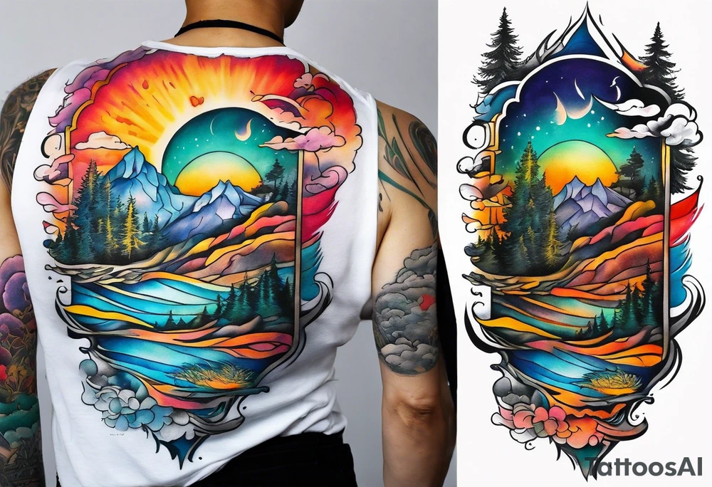 Landscape tattoo on the front neck that's appear to be ejecting from the skin, symbolizing the freedom. tattoo idea