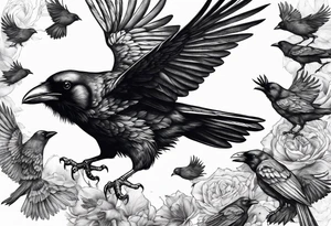 Crow in flight with small crows around tattoo idea