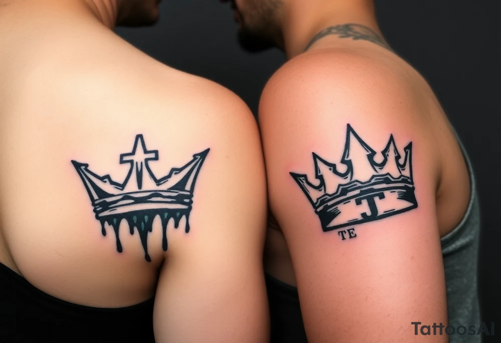 Matching/ connecting tattoos:

Your Tattoo (Queen): A graffiti-style crown, perhaps dripping or with sharp, geometric edges. Hidden in the drips of the graffiti could be a very stylized, almost-unreadable 'J'.
His Tattoo (King): A bold, graphic crown with a worn, distressed look. Instead of a traditional crown, it could be a simple, impactful graphic reminiscent of a spray-painted tag. A hidden 'T' could be integrated into the shadow or detail.
Connecting Element: Both tattoos use the same unique "urban" style, such as blackwork, trash polka, or gritty black and gray realism. The crowns can be placed on opposite arms so they face each other when you hold hands. tattoo idea