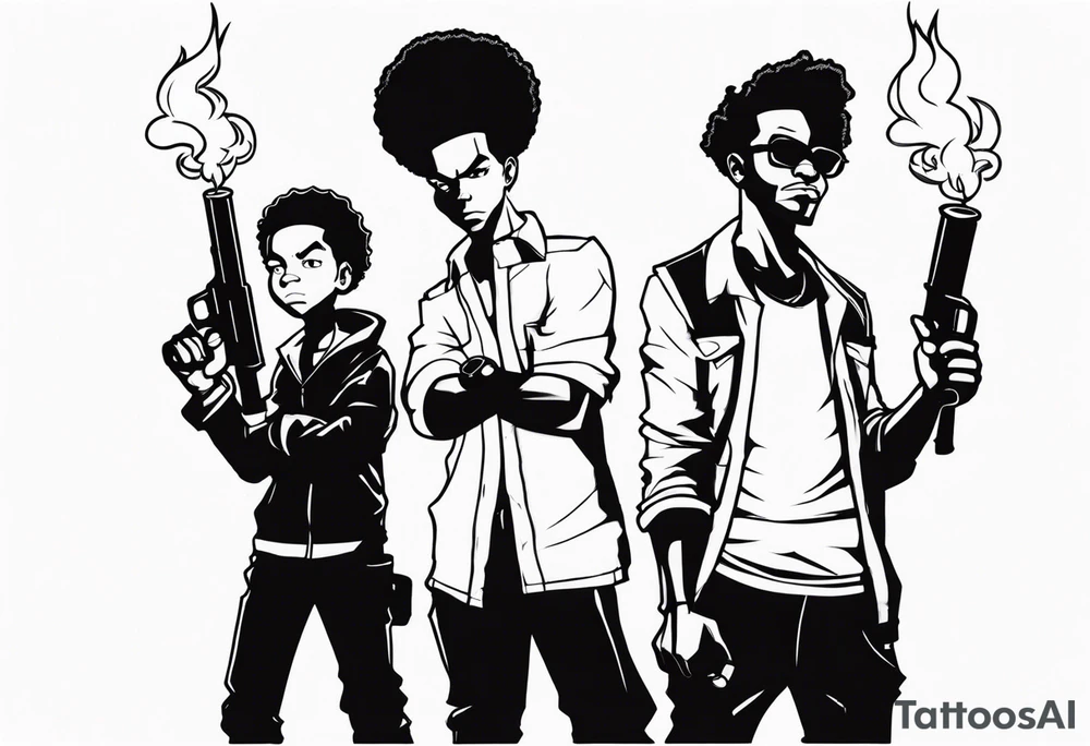 huey and riley from the boondocks, cartoon tv, huey holding a torch with his fist up and riley holding a gun tattoo idea