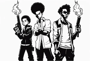 huey and riley from the boondocks, cartoon tv, huey holding a torch with his fist up and riley holding a gun tattoo idea