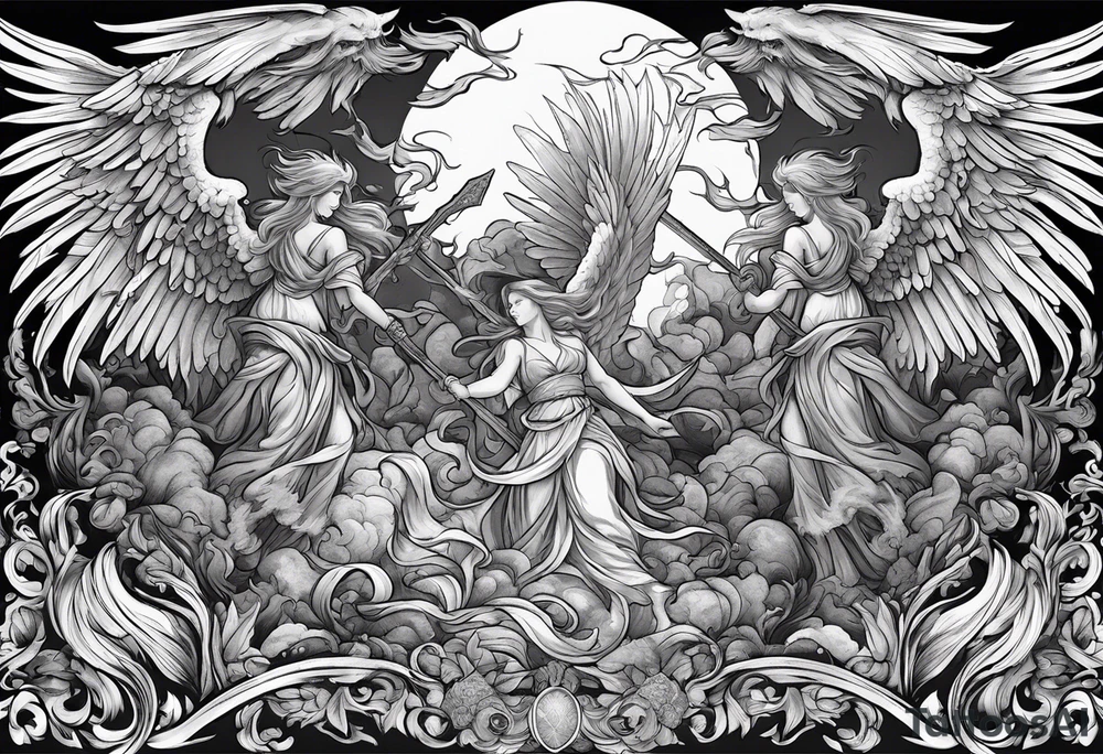 Angels fighting demons over fire with skuls in the background tattoo idea