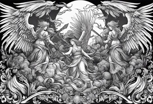 Angels fighting demons over fire with skuls in the background tattoo idea