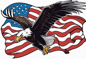 American eagle flying holding American flag on pole with beak tattoo idea