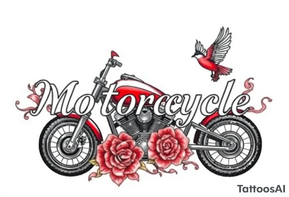 Motorcycle, red bird flying, roses and lace, flames tattoo idea