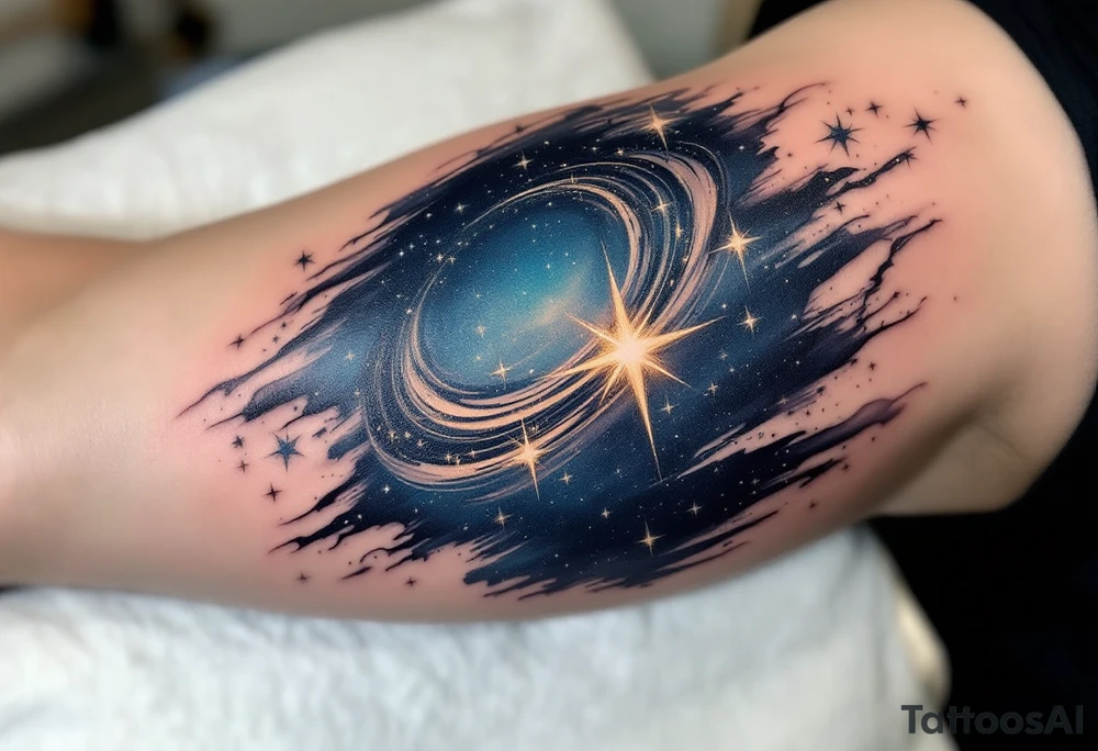 This tattoo combines “Through hardships to the stars” with silver star trails over a midnight blue sky on the upper arm. tattoo idea
