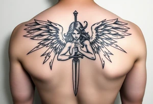 Fierce Female Angel warrior with dagger and realistic lighting bolts going around body Greek mythology style with dark shading tattoo idea
