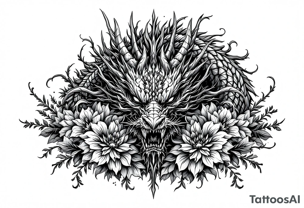 majestic scary dragon with flowers tattoo idea