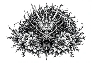 majestic scary dragon with flowers tattoo idea