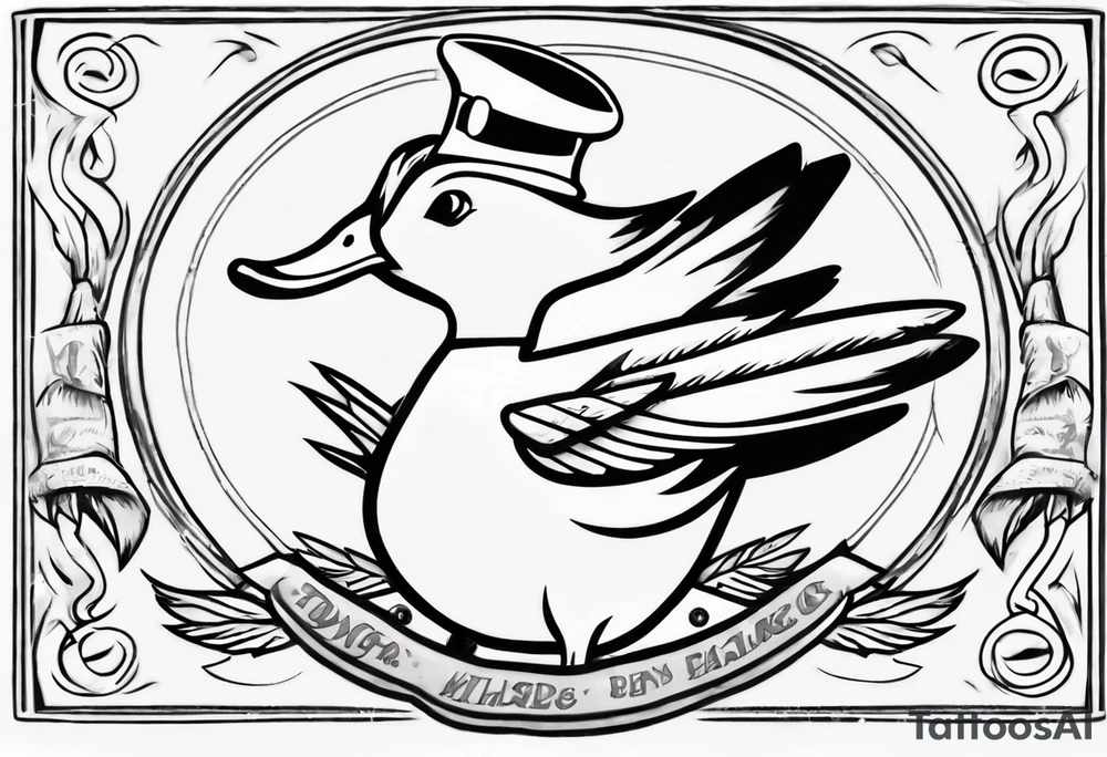 canard avec un béret et une baguette de pain sous l’aile tattoo idea