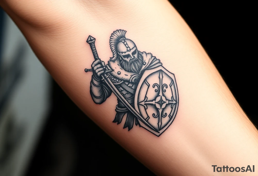 mediaval warrior with sword and shield,
 age of empires style tattoo idea