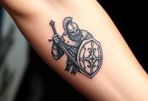 mediaval warrior with sword and shield,
 age of empires style tattoo idea