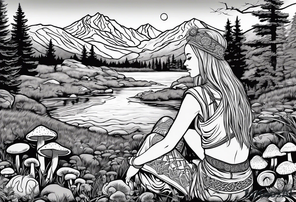 Whole picture encircled fully

Straight long blonde hair hippie girl in distance holding mushrooms in hand facing away toward mountains and creek surrounded by mushrooms long sleeve shirt and hiking pants; whole rendering within a full celtic circle, no cut off circle tattoo idea