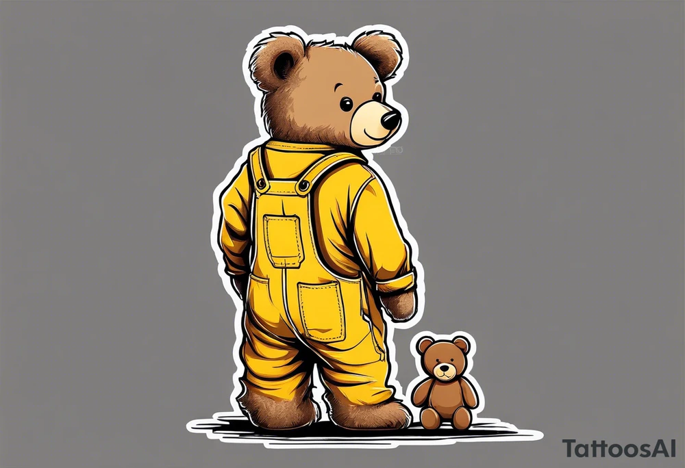 the back of a standing, skinny, brown ,
teddy bear in long, yellow overalls tattoo idea