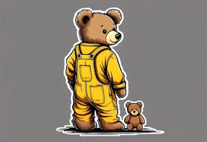 the back of a standing, skinny, brown ,
teddy bear in long, yellow overalls tattoo idea