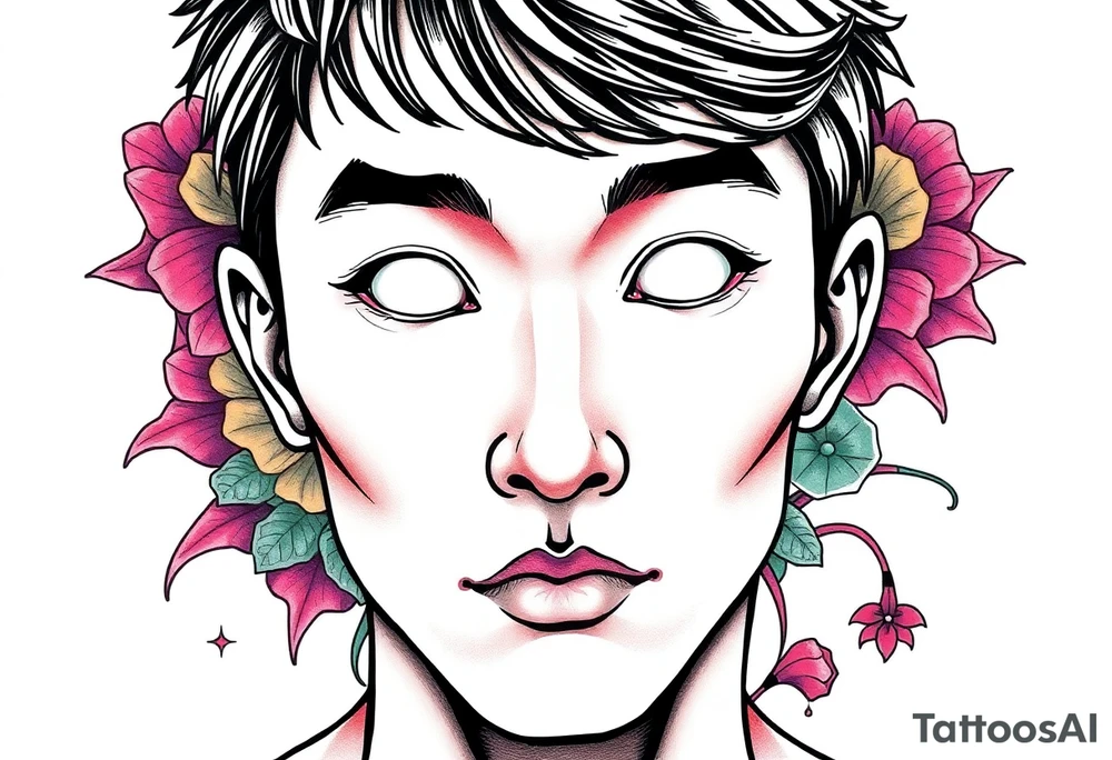 Handsome Asian young guy with white eyes tattoo idea