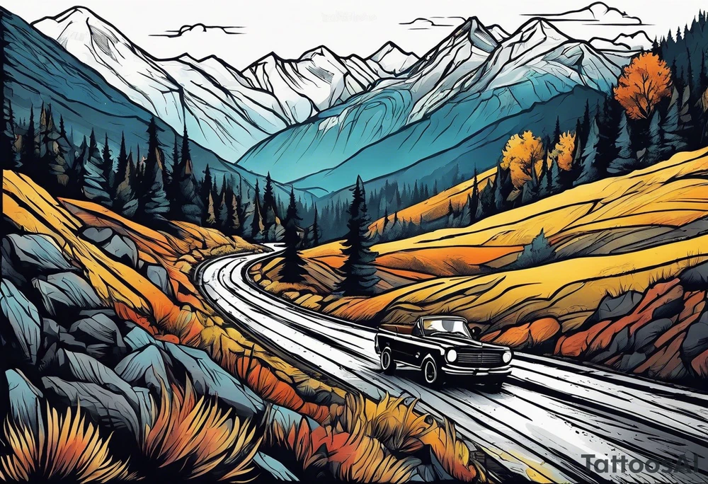 Road through mountains tattoo idea