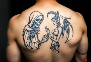 Grim reaper in love with female demon tattoo idea