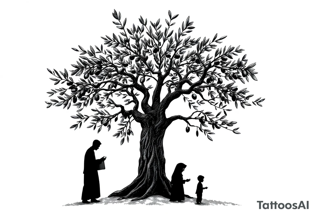 A highly detailed tattoo design featuring an olive tree with sprawling branches and textured bark. Underneath the tree, a father, a mother wearing a hijab, and their young son, all interacting with the tree as if harvesting olives. The figures are fully blacked-out silhouettes, emphasizing simplicity and elegance, while the olive tree is intricately detailed with realistic leaves and a textured trunk. The composition conveys a sense of connection, unity, and tradition, with a soft gradient background to highlight the figures and tree tattoo idea