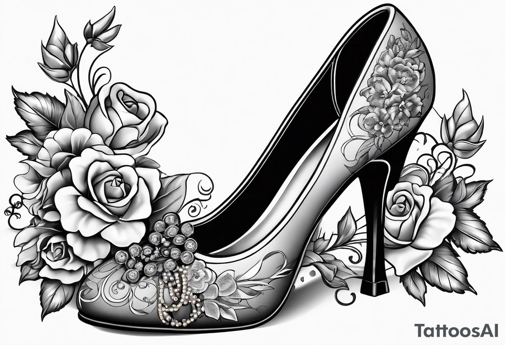 1950s pinup pumps with flowers, pearl necklaces, bows, and lace tattoo idea