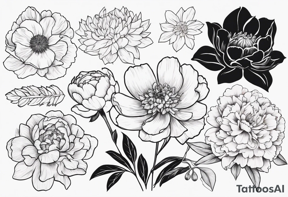 8 flowers to symboize 8 family design : 
peony, carnation, daffodil, daphne, dahlia, desiree, daisy and rose for a sleeve tattoo idea