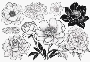 8 flowers to symboize 8 family design : 
peony, carnation, daffodil, daphne, dahlia, desiree, daisy and rose for a sleeve tattoo idea