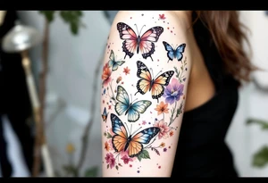 Different butterflies in many sizes with flowers tattoo idea