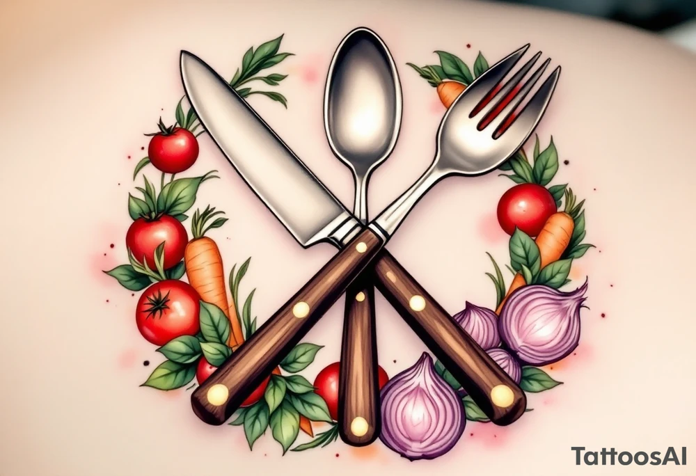 A realistic kitchen tattoo design showing a large silver kitchen knife with a dark brown wooden handle crossed over a shiny silver fork and spoon, all placed diagonally, surrounded by whole and sliced vegetables including bright red round tomatoes, leafy green basil, long orange carrots with green tops, and round purple onions with visible rings, all arranged in a circular wreath shape with a soft white background and subtle watercolor splashes of green, red, and orange for depth. tattoo idea