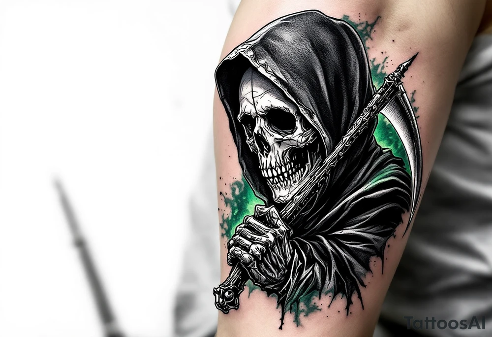A classic black Reaper with smoky green shadows and a bone-white scythe blade. tattoo idea