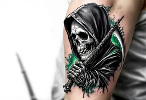 A classic black Reaper with smoky green shadows and a bone-white scythe blade. tattoo idea