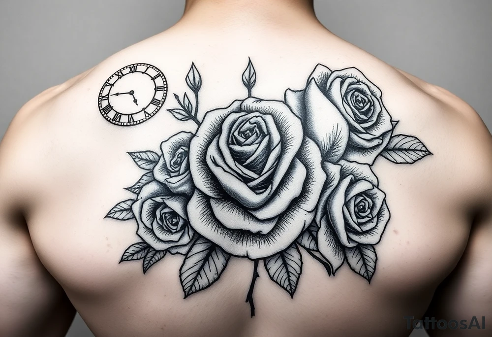 Different time pieces with different times showing and for the filler something that compliment roses for males tattoo idea