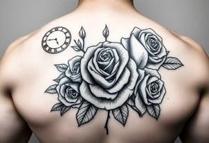 Different time pieces with different times showing and for the filler something that compliment roses for males tattoo idea
