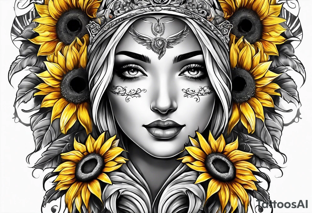 Sunflowers and angel wings leg sleeve tattoo idea