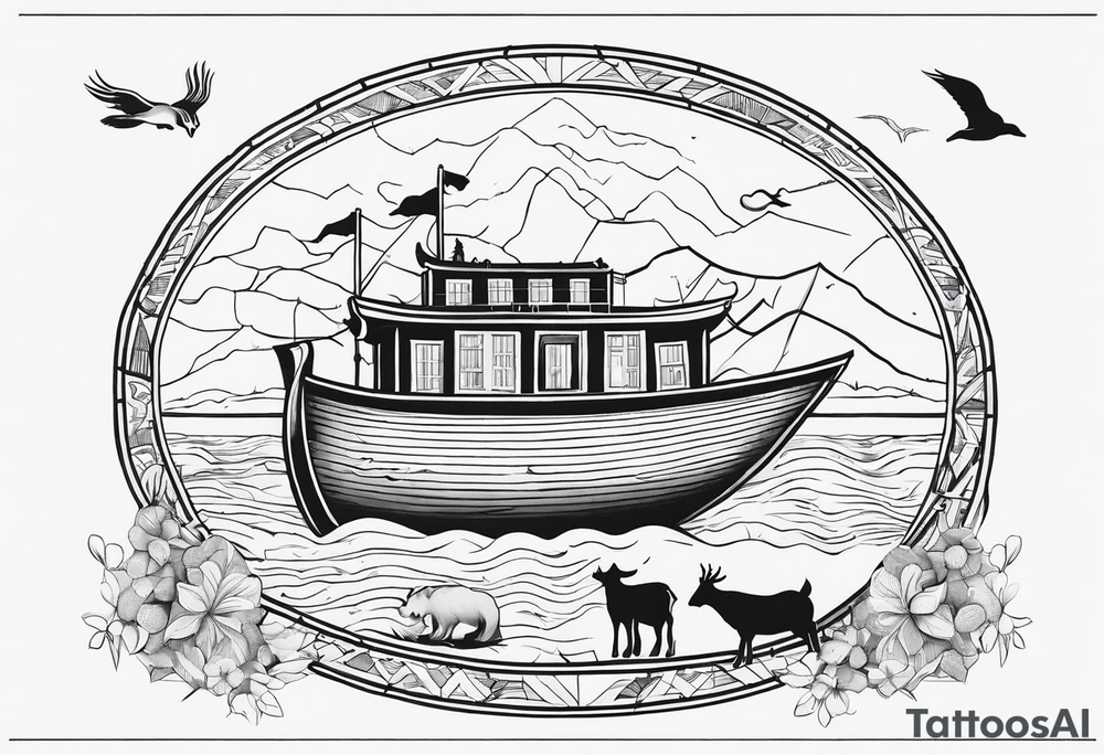 Noah's ark with a badger, a goat and a reindeer inside the outlines of Map of Mallorca behind tattoo idea