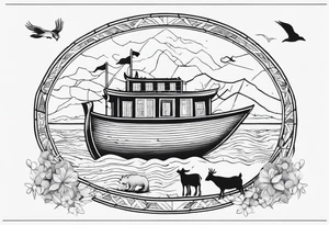 Noah's ark with a badger, a goat and a reindeer inside the outlines of Map of Mallorca behind tattoo idea