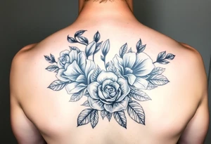 Realistic roses and lilies 
and leaves with embellishments tattoo idea