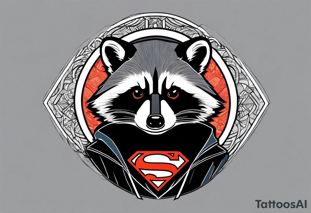 Raccoon wearing a white Superman logo on a black hoodie tattoo idea