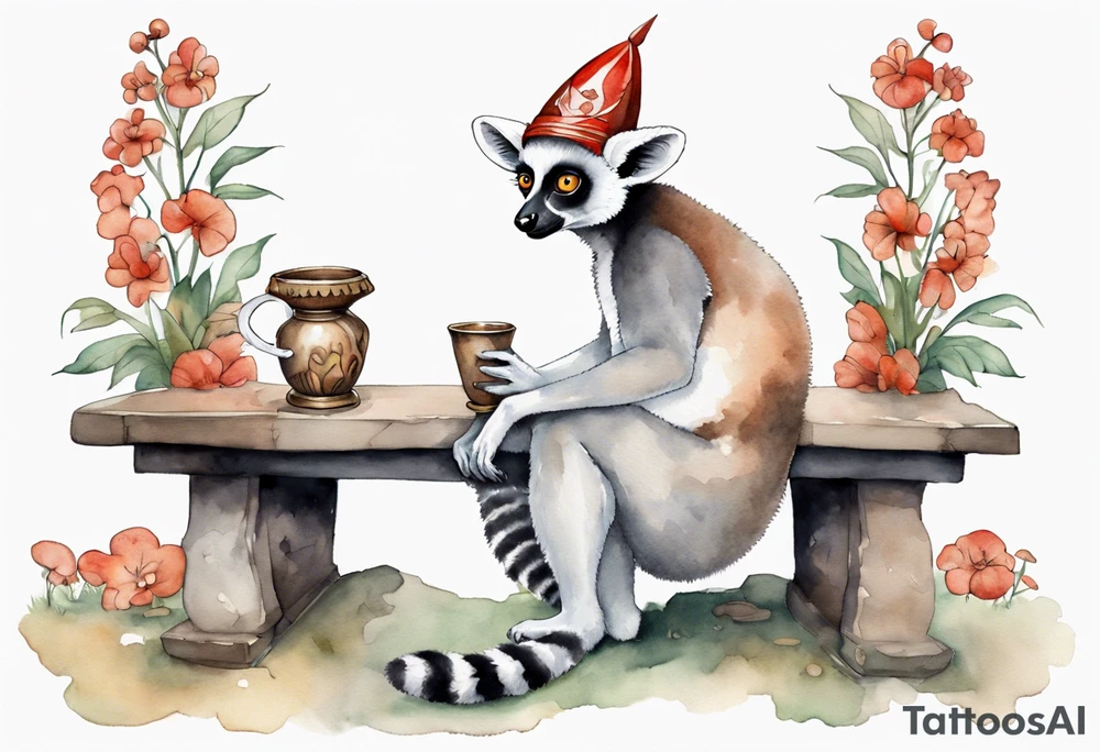 a lemur with a mushroom hat 
wearing a medieval tunic sitting on a bench by a fireplace drinking from a wood cup, happy tattoo idea