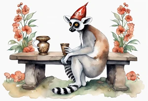 a lemur with a mushroom hat 
wearing a medieval tunic sitting on a bench by a fireplace drinking from a wood cup, happy tattoo idea