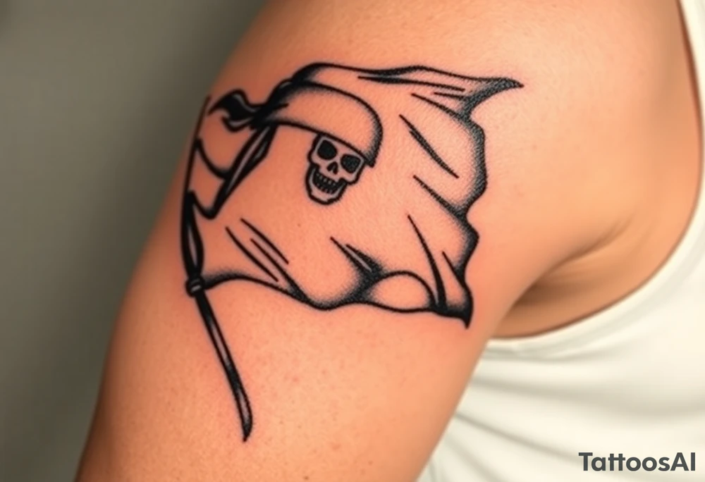 A tattered pirate flag with Jack Sparrow’s silhouette, flowing dramatically in the wind, done in black and gray ink with faint red highlights tattoo idea