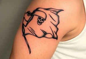 A tattered pirate flag with Jack Sparrow’s silhouette, flowing dramatically in the wind, done in black and gray ink with faint red highlights tattoo idea