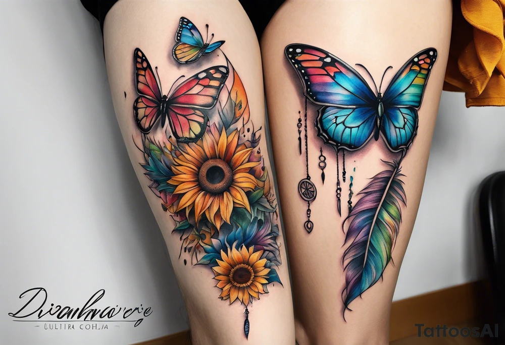 Quarter Leg sleeve with dreamcatcher, rainbow sunflowers and one butterfly tattoo idea