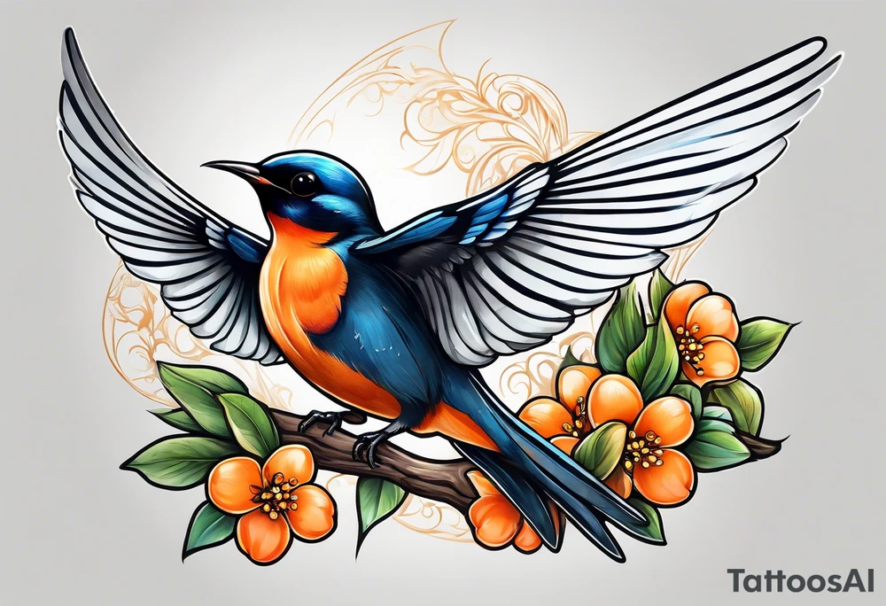 swallow sitting on an orange blossom branch with its wings up tattoo idea