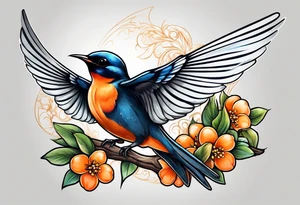 swallow sitting on an orange blossom branch with its wings up tattoo idea