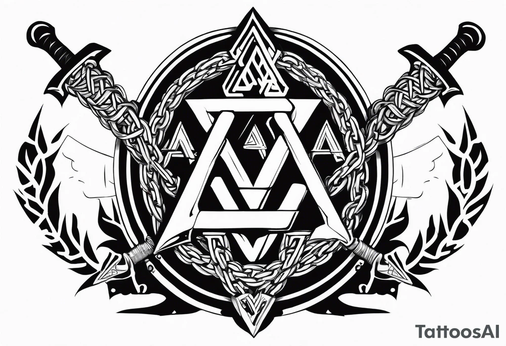 Valhalla sword shield axe barbed wire chains valknut fire tattoo idea Valhalla sword shield axe barbed wire chains valknut fire tattoo idea