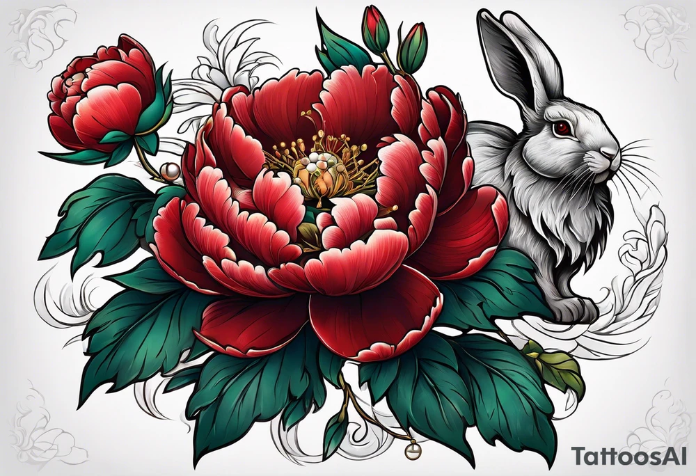 Red peony with pearl necklace and rabbit tattoo idea