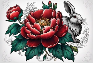 Red peony with pearl necklace and rabbit tattoo idea