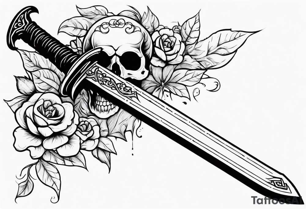 Sketch of a sword in gothic style with added creepy elements and the inscription “get rich” tattoo idea