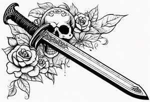 Sketch of a sword in gothic style with added creepy elements and the inscription “get rich” tattoo idea